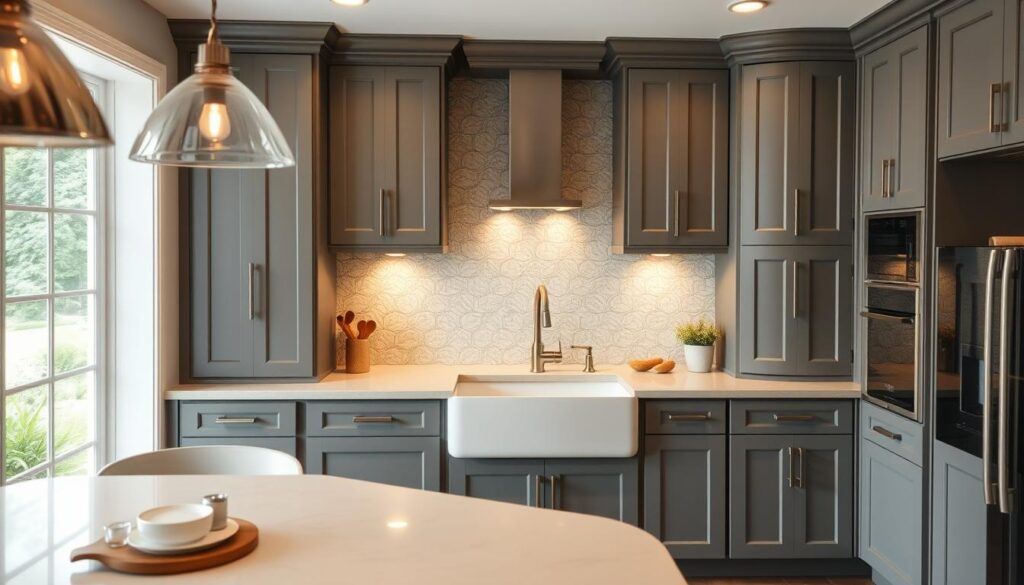 gray cabinets farmhouse sink