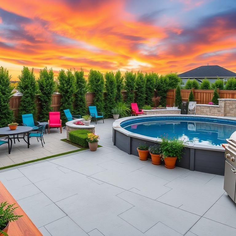 outdoor kitchen by the above ground pool